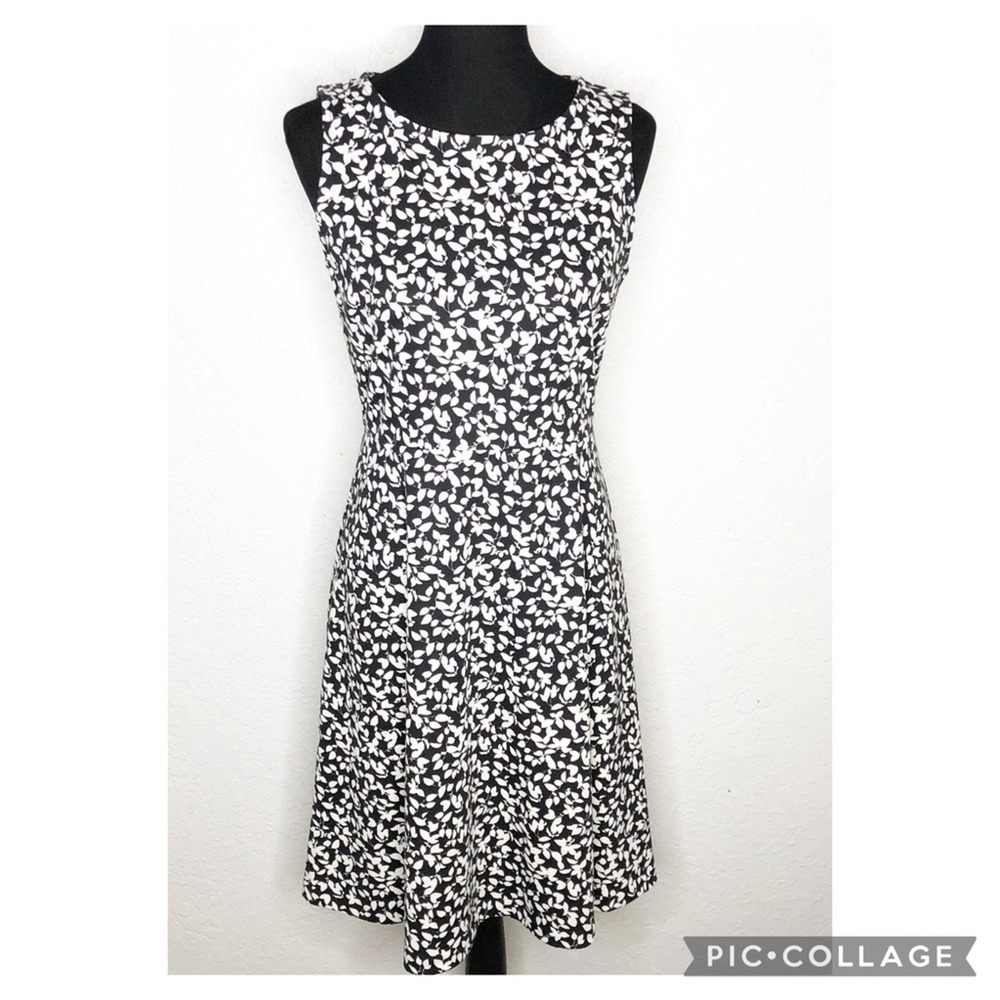 Talbots black white leaf print swing hem sleeveless dress size Small Petite SP